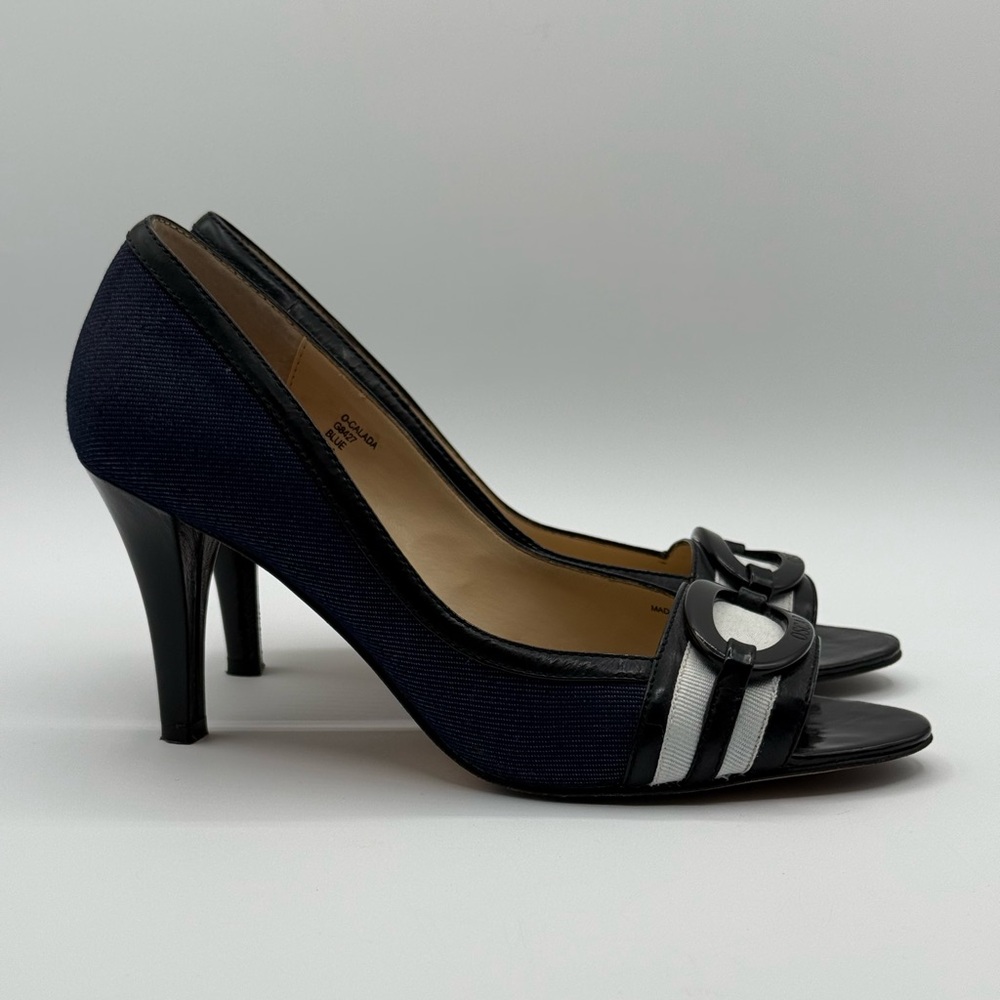 VTG RARE Oscar de la Renta O Calada Peep Toe Heels Blue/Black Size 8 - Picture 2 of 16